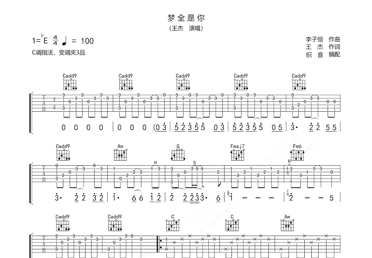 梦全是你吉他谱_王杰_C调弹唱