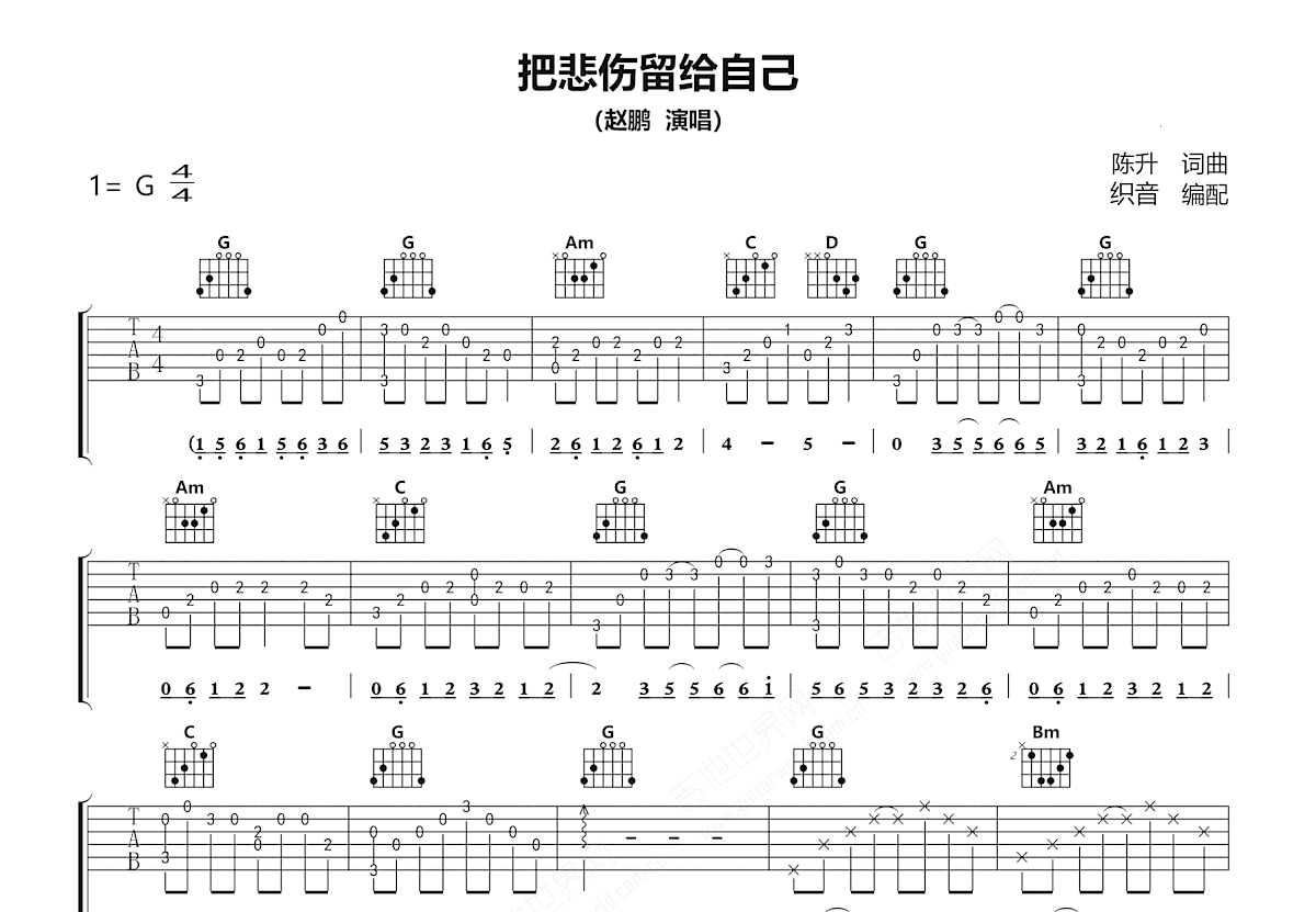 把悲伤留给自己吉他谱_赵鹏_G调弹唱