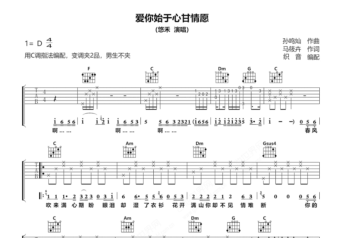 爱你始于心甘情愿吉他谱预览图