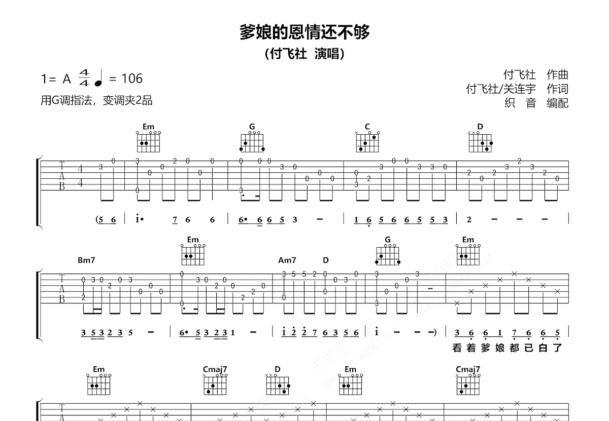 爹娘的恩情还不够吉他谱_付飞社_G调弹唱