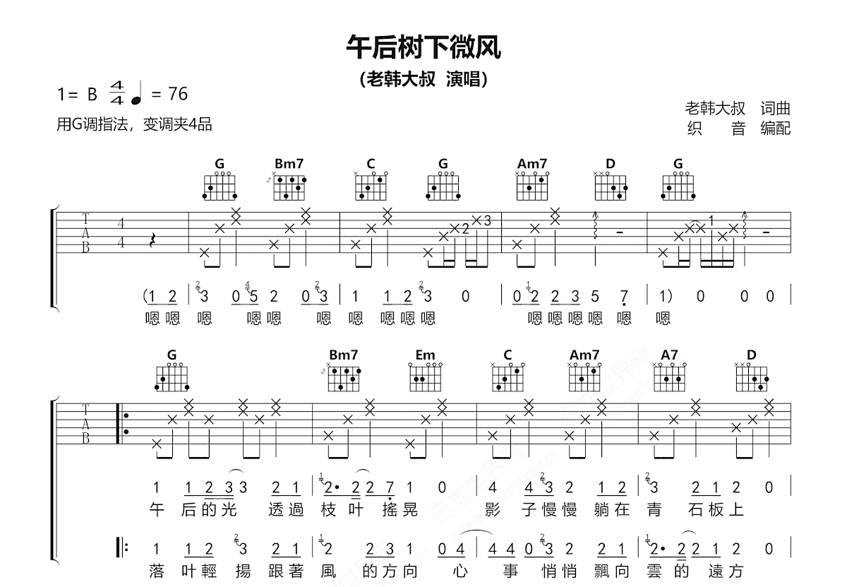 午后树下微风吉他谱_老韩大叔_G调弹唱