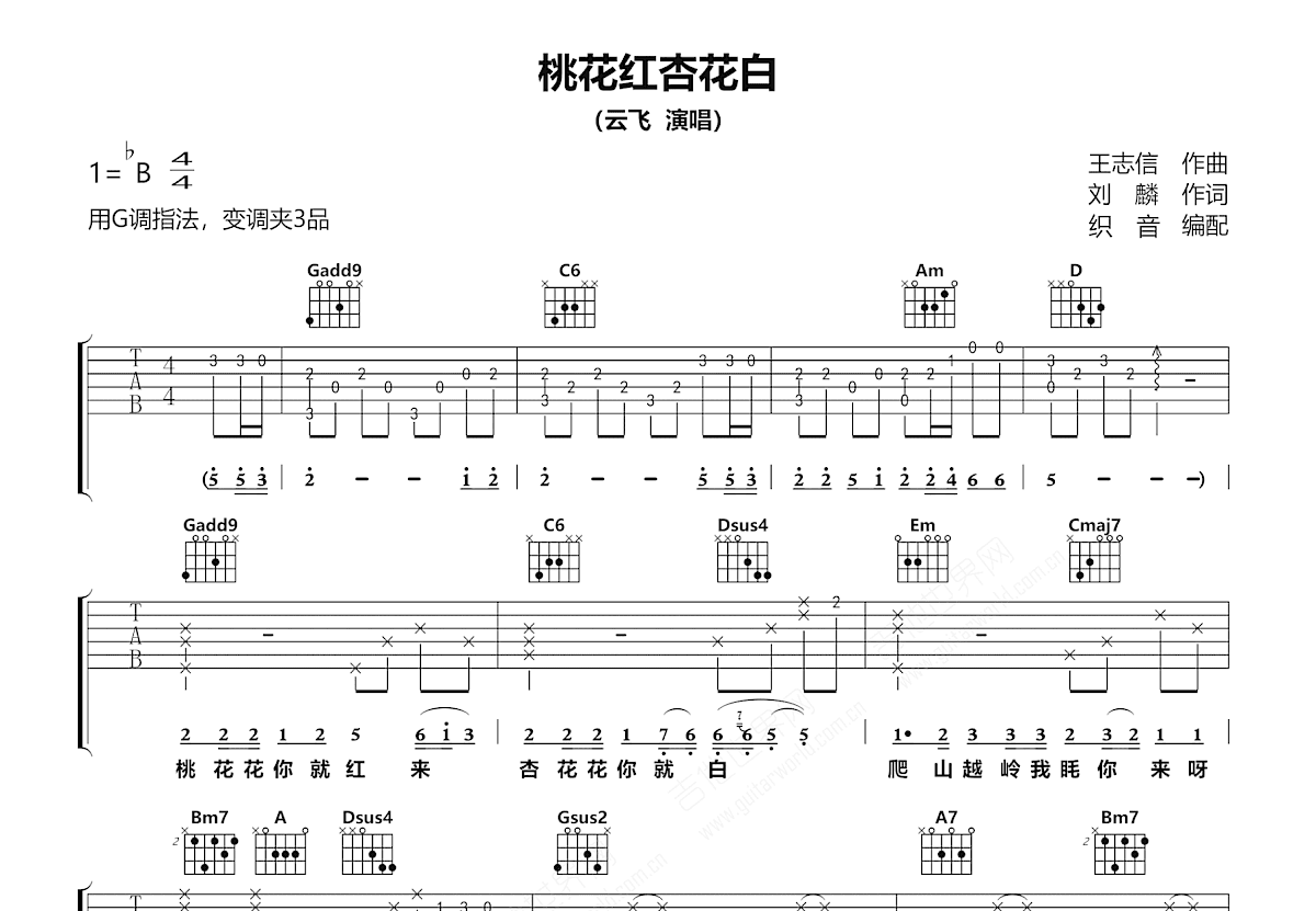 桃花红杏花白吉他谱预览图