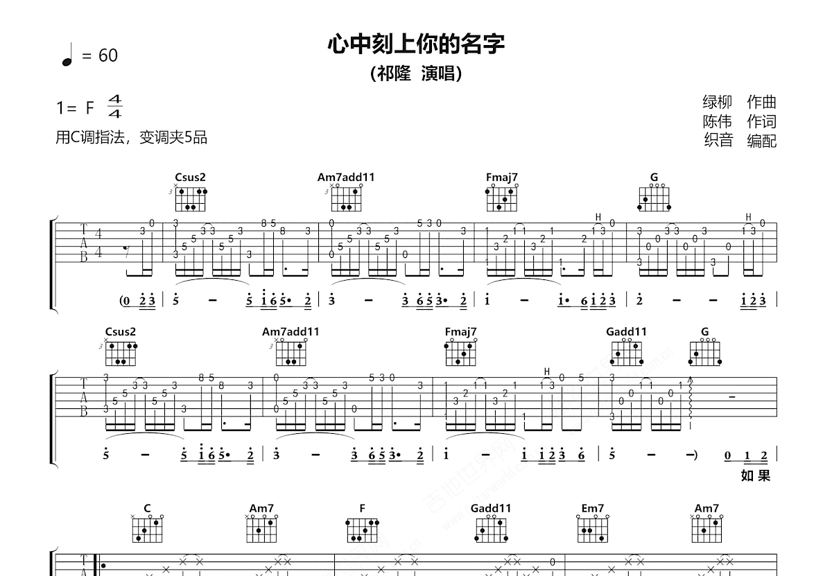 心中刻上你的名字吉他谱预览图