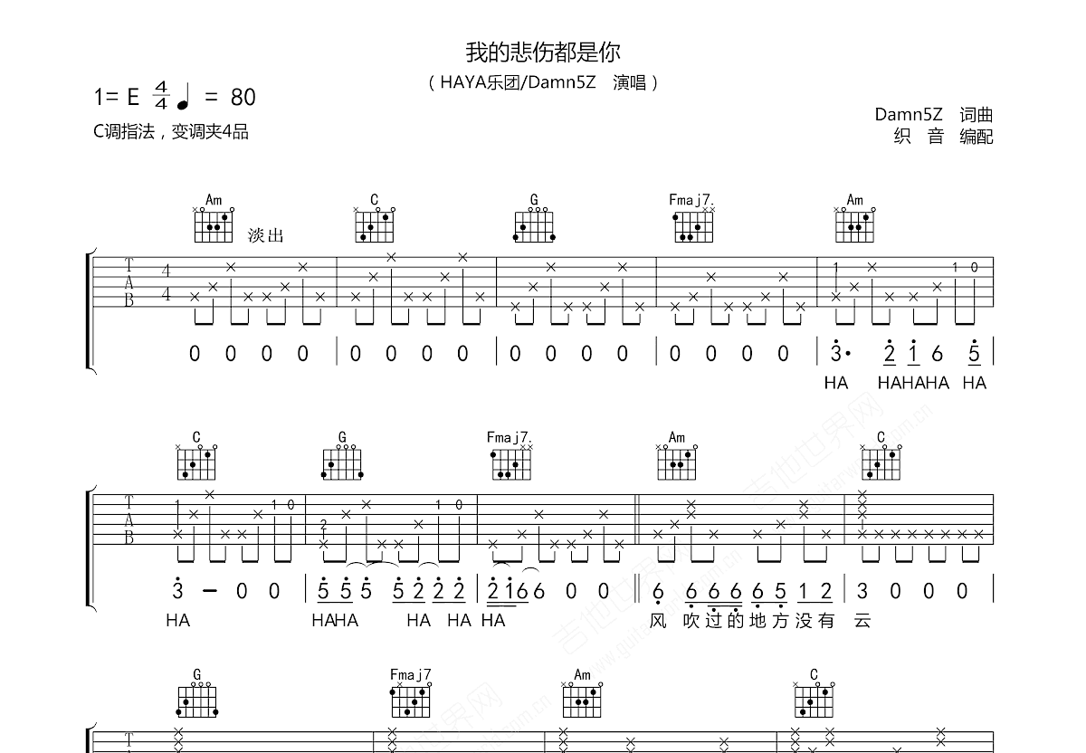 我的悲伤都是你吉他谱_HAYA乐团_C调弹唱