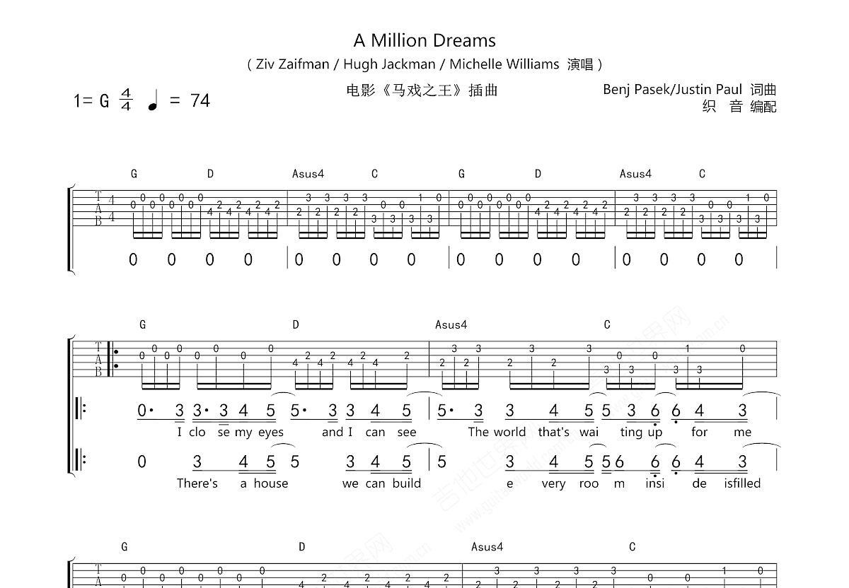 A Million Dreams吉他谱_Ziv Zaifman/Hugh Jackman/Michelle Williams_G调弹唱