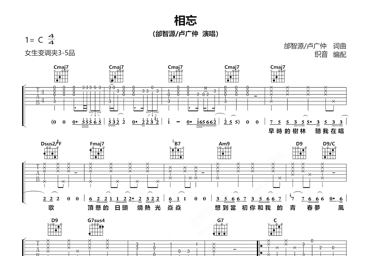 相忘吉他谱预览图
