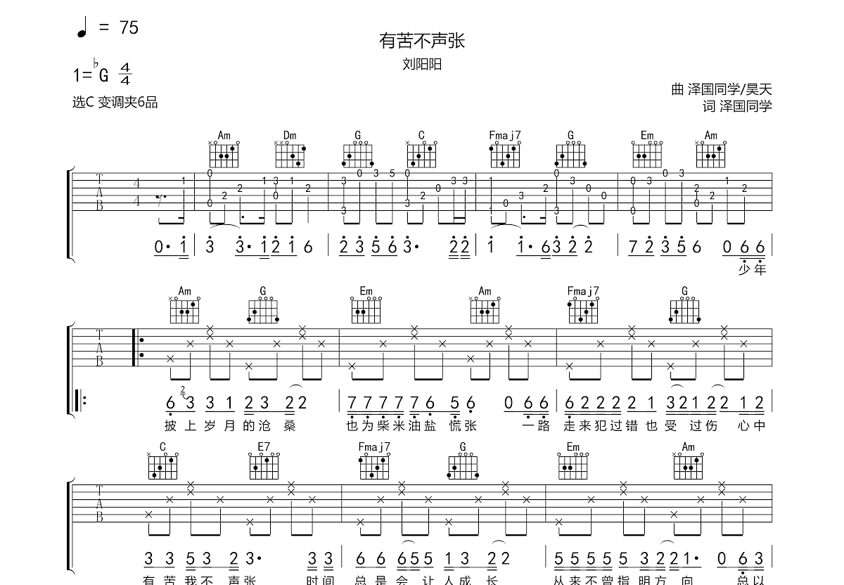 有苦不声张吉他谱预览图