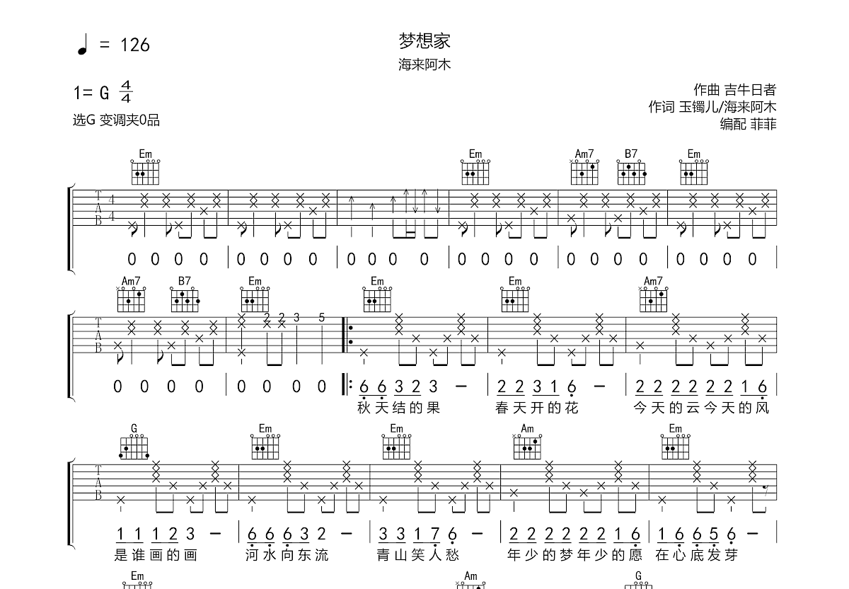 梦想家吉他谱预览图