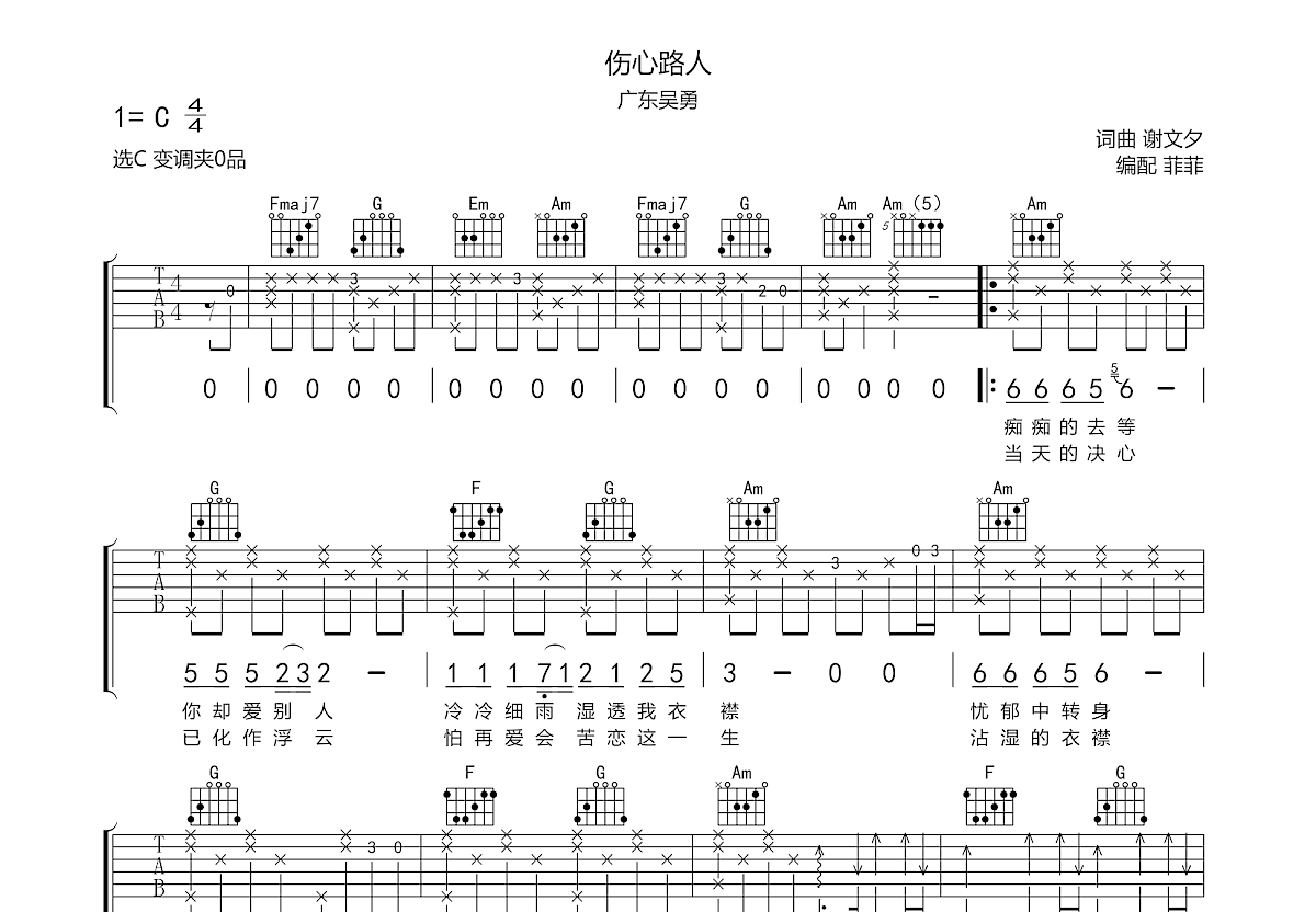 伤心路人吉他谱预览图