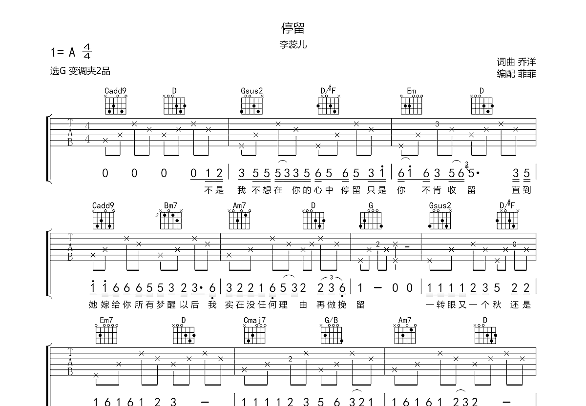 停留吉他谱预览图