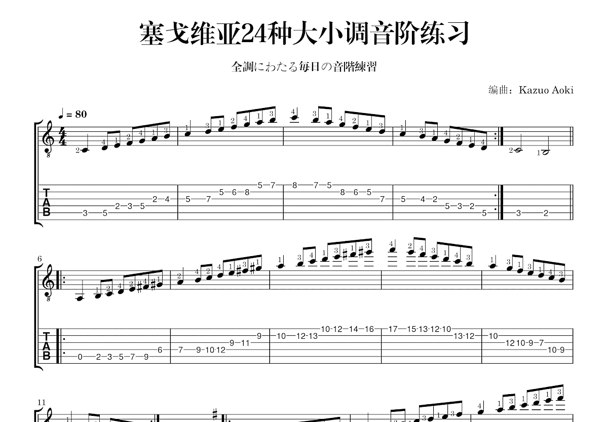 塞戈维亚24种大小调音阶练习吉他谱_Kazuo Aoki_C调指弹