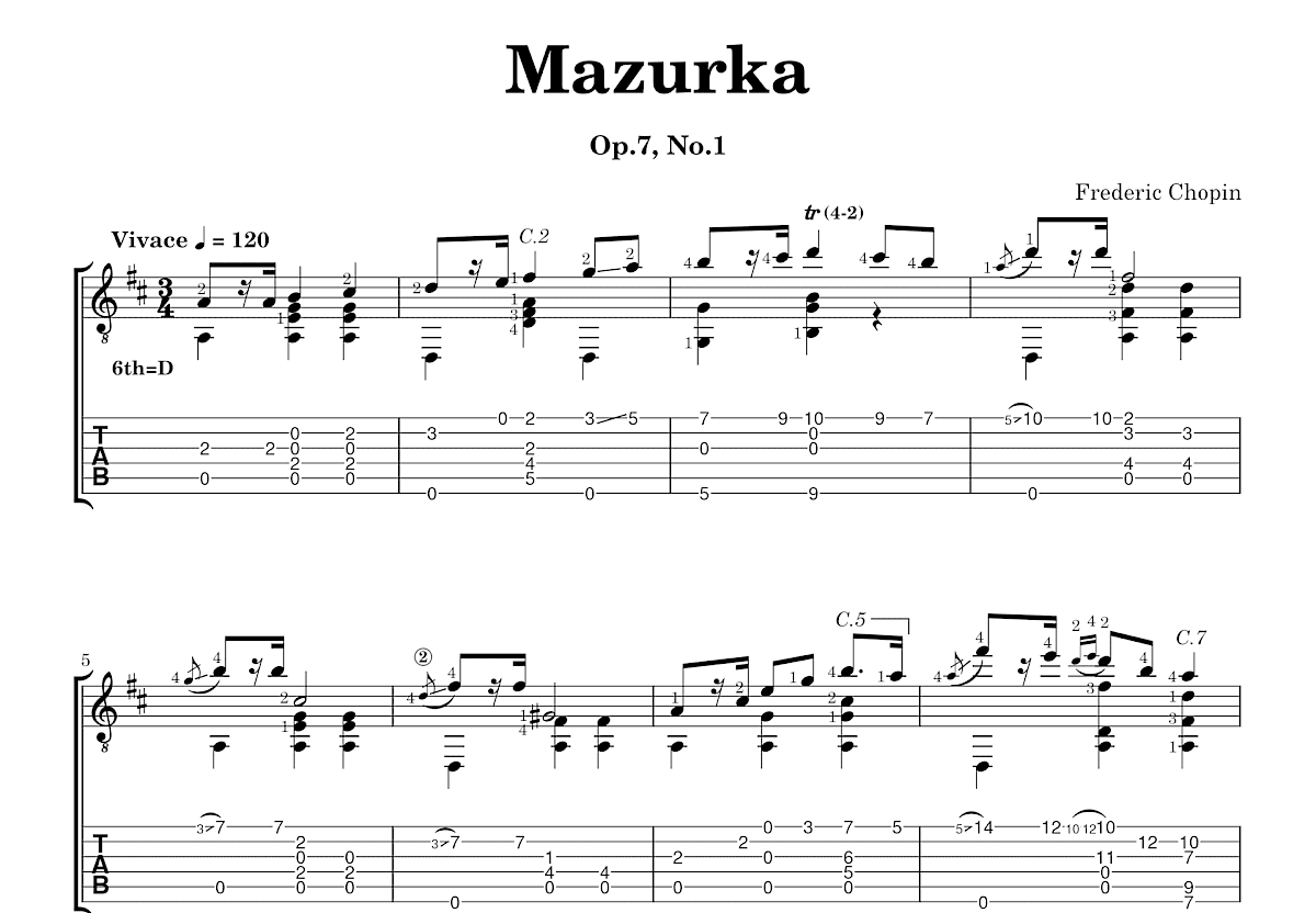 Mazurka吉他谱_Frederic Chopin_D调古典