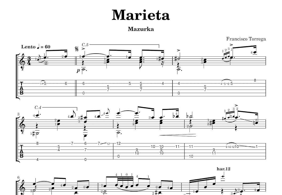 Marieta吉他谱_Francisco Torrega_C调古典