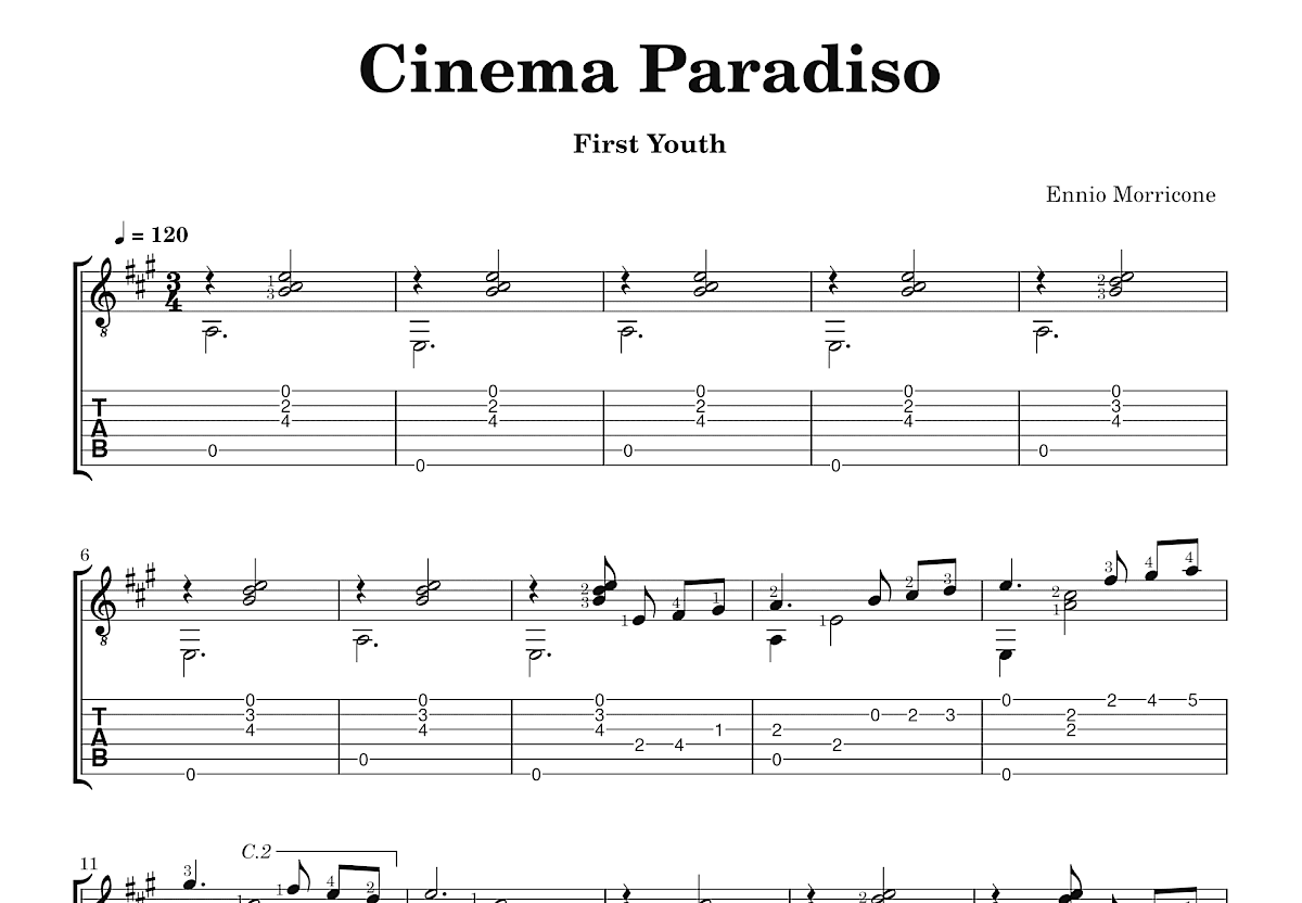 Cinema Paradiso吉他谱_Ennio Morricone_A调指弹