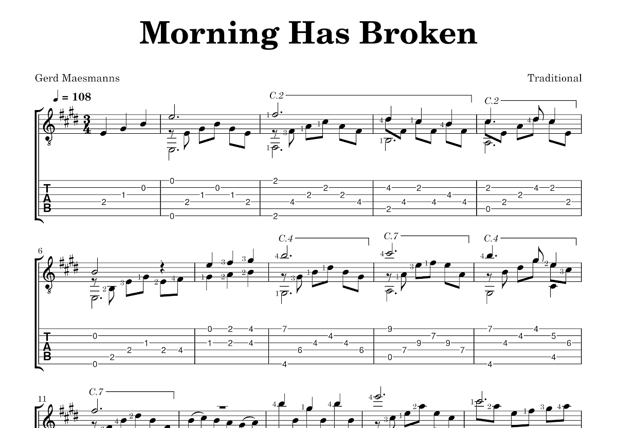 Morning Has Broken吉他谱预览图