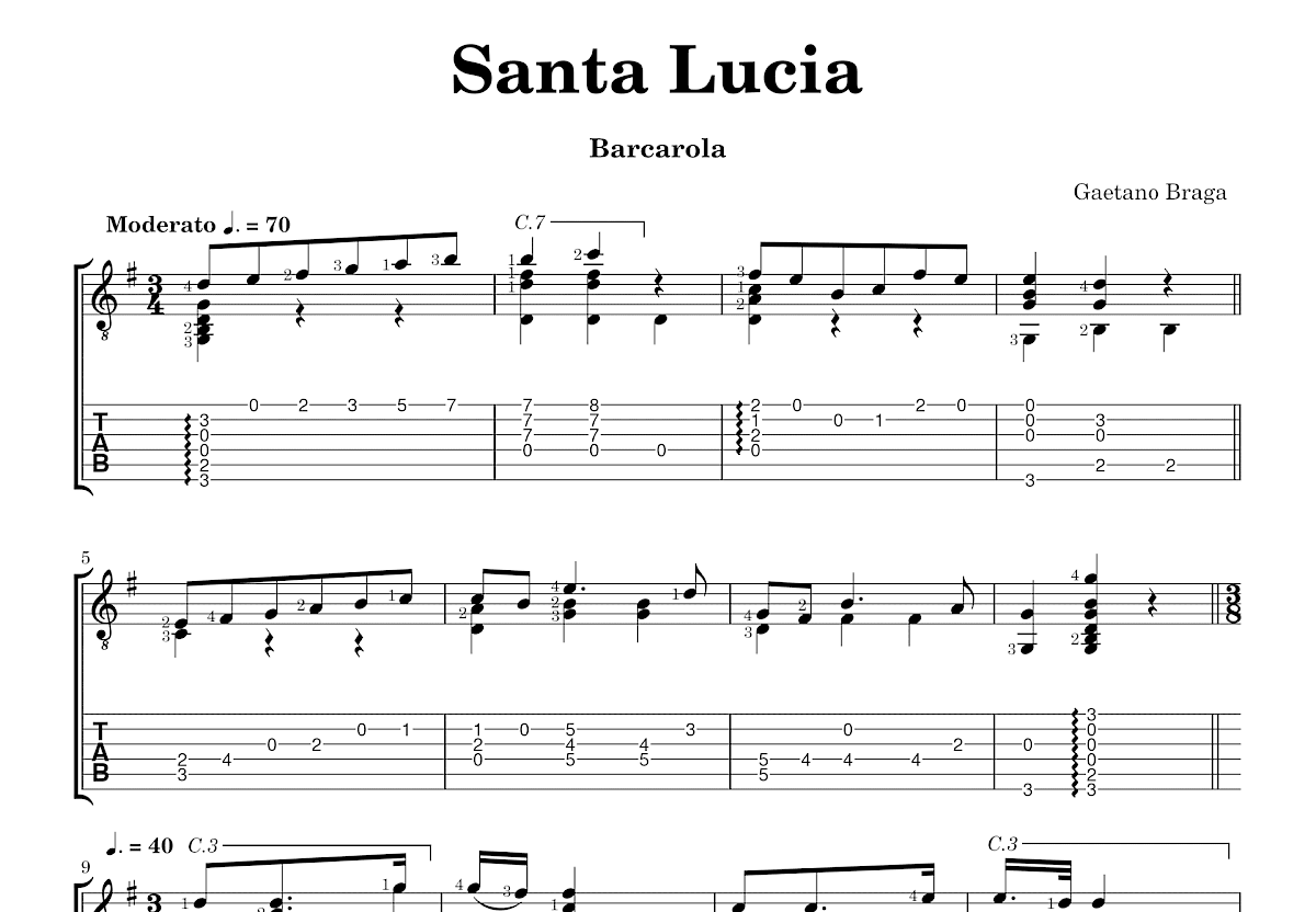 Santa Lucia吉他谱_Gaetano Braga_G调指弹