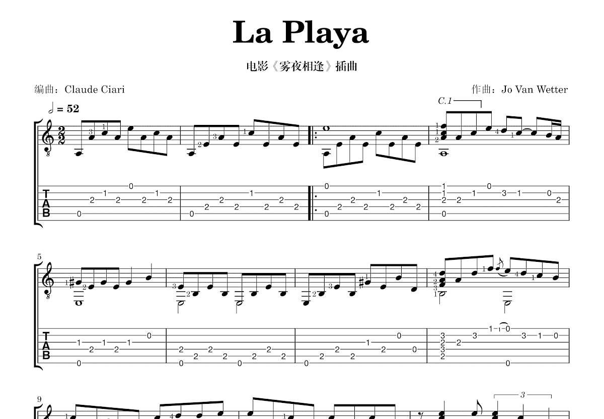 La Playa吉他谱_Jo Van Wetter_C调指弹