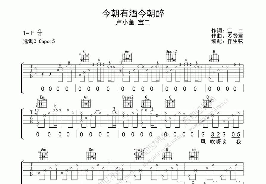 今朝有酒今朝醉吉他谱预览图