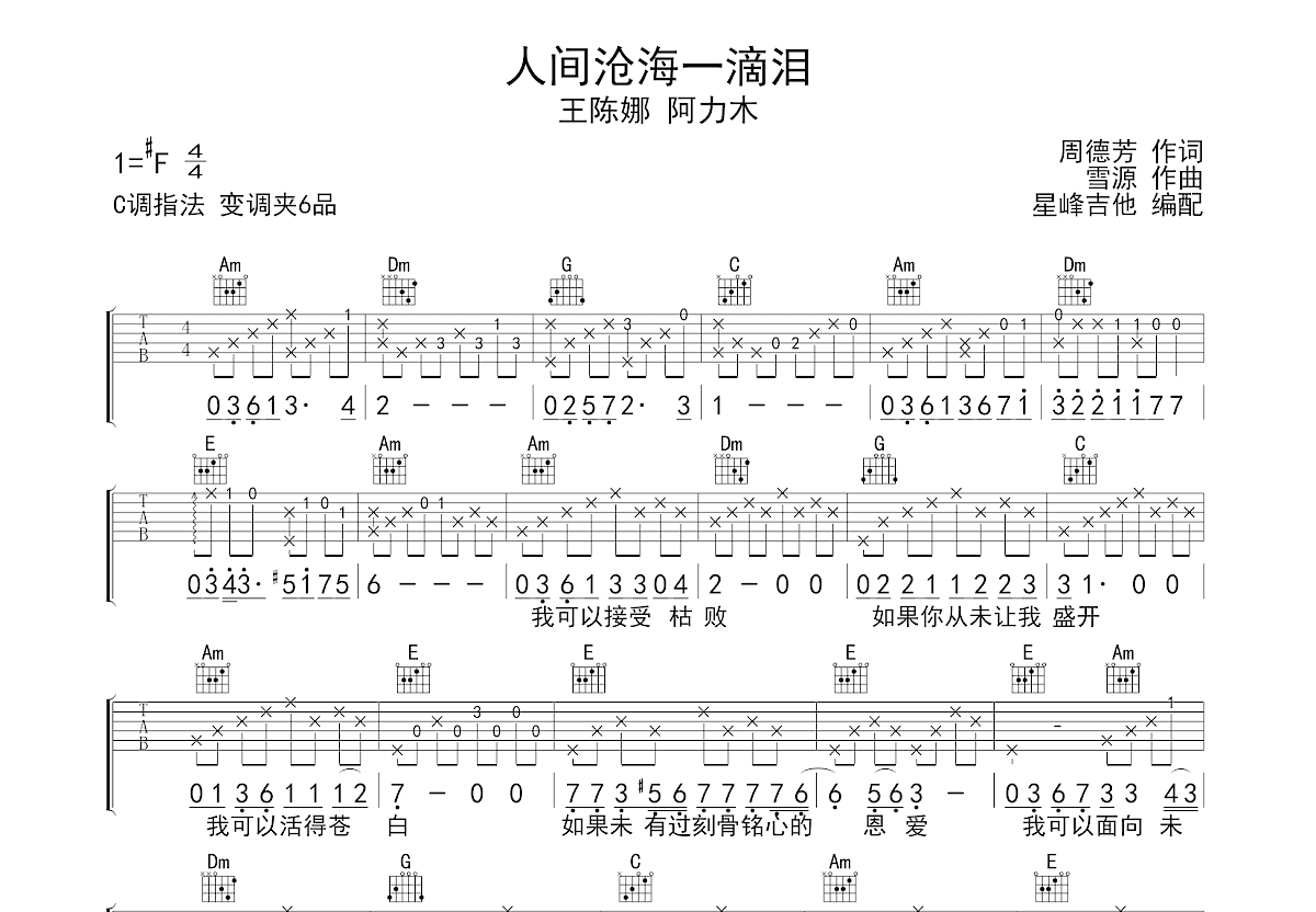 人间沧海一滴泪吉他谱预览图