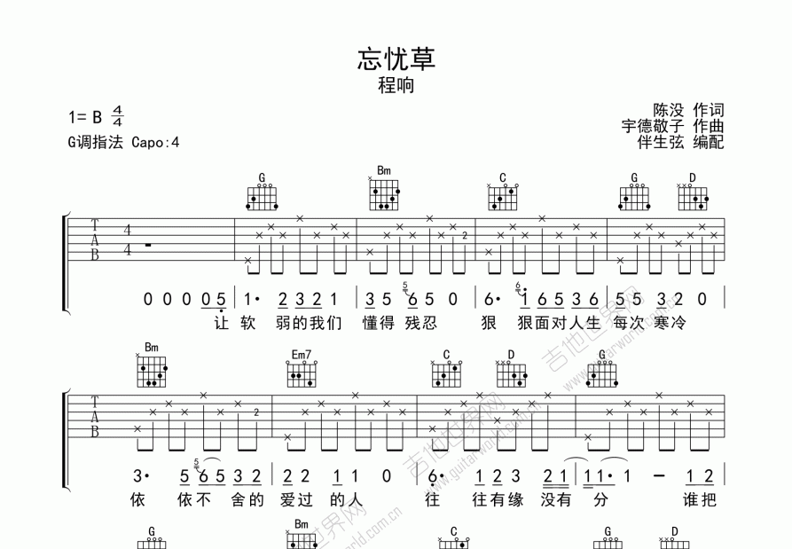 忘忧草吉他谱预览图