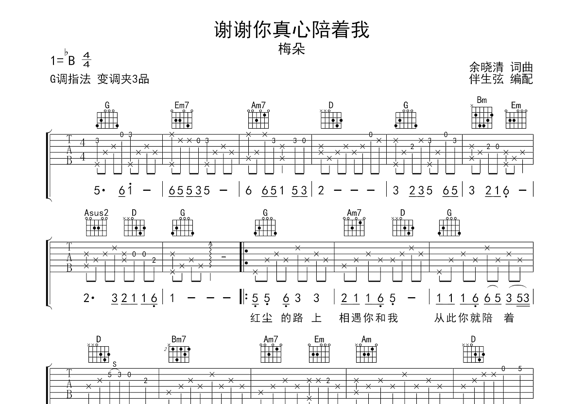 谢谢你真心陪着我吉他谱预览图