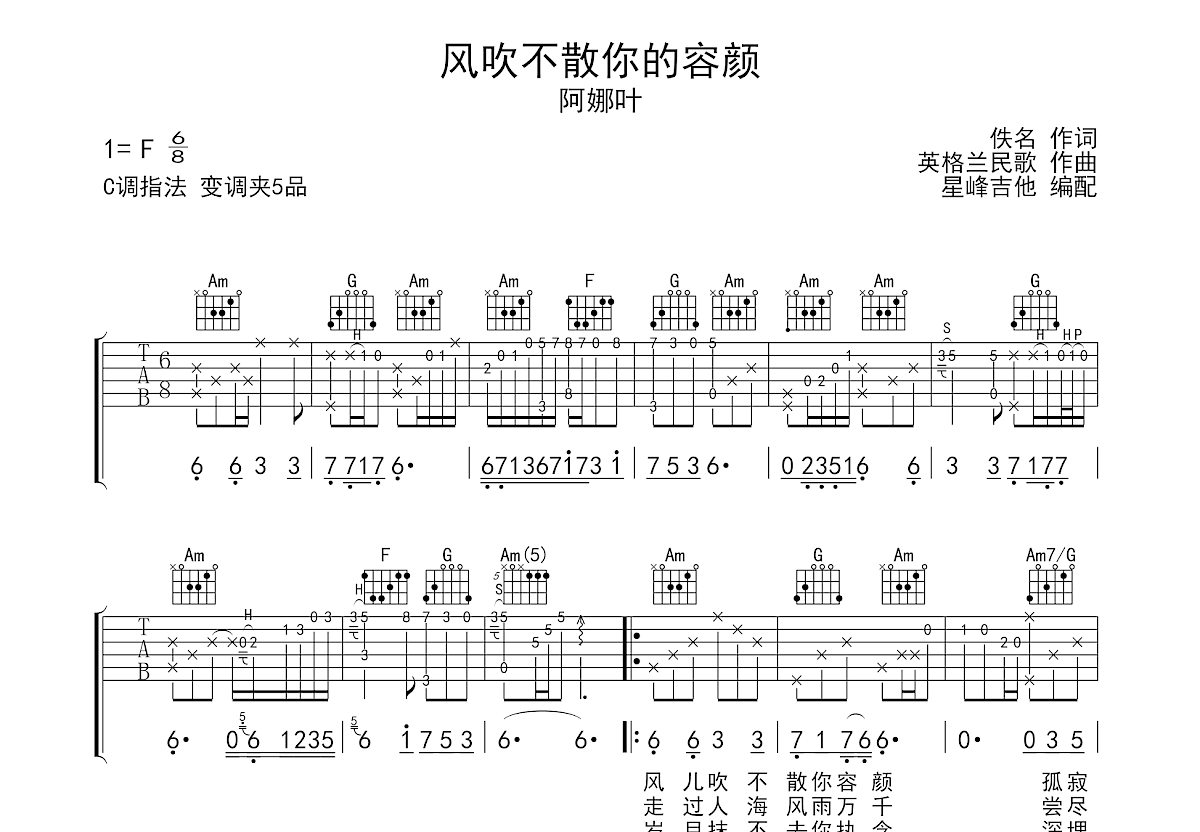 风吹不散你的容颜吉他谱_阿娜叶_C调弹唱
