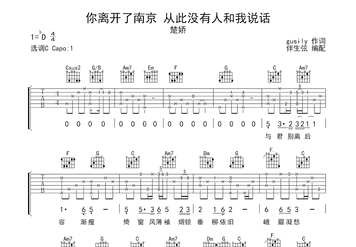 你离开了南京 从此没有人和我说话吉他谱预览图