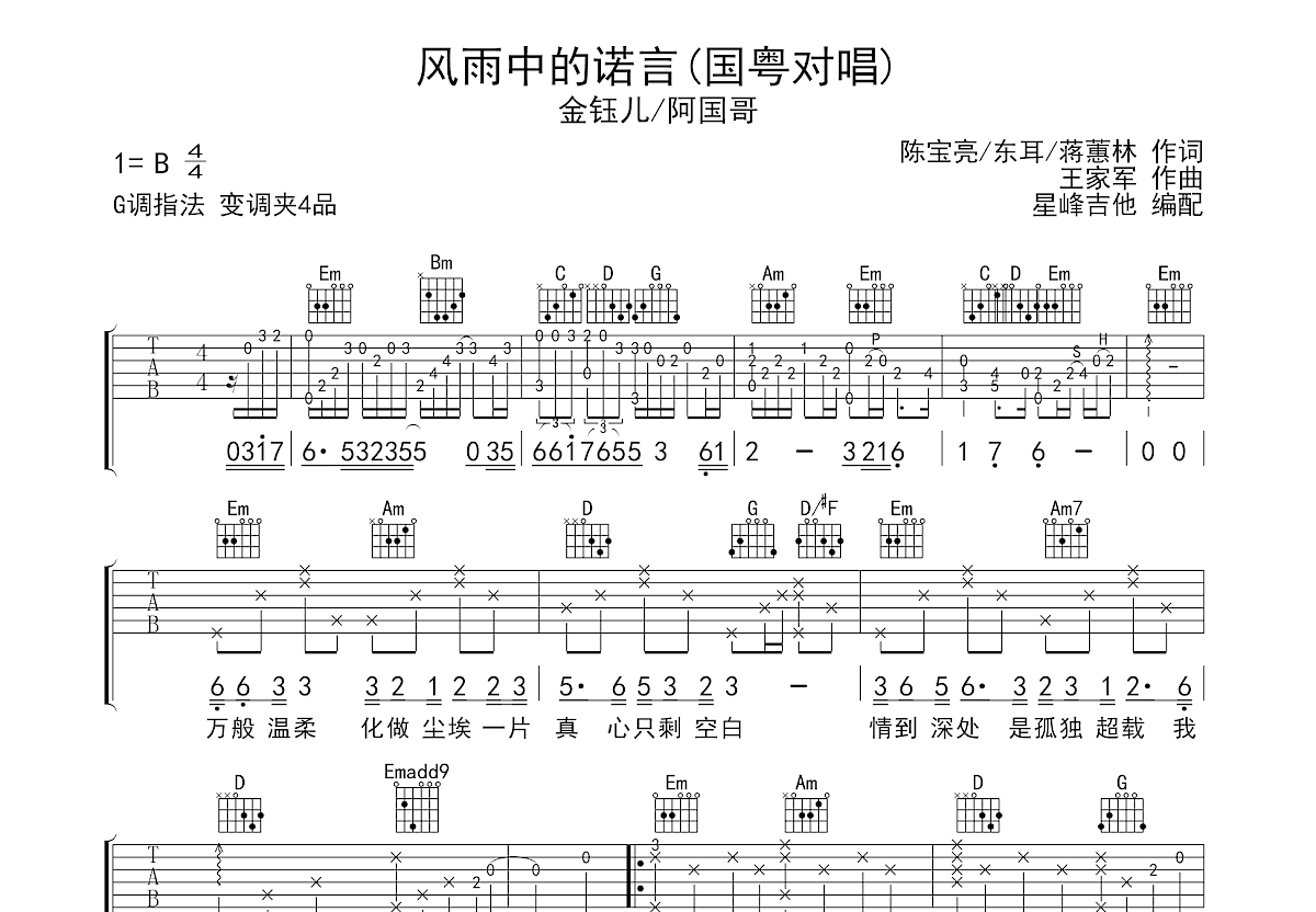 风雨中的诺言吉他谱_金钰儿,阿国哥_G调弹唱