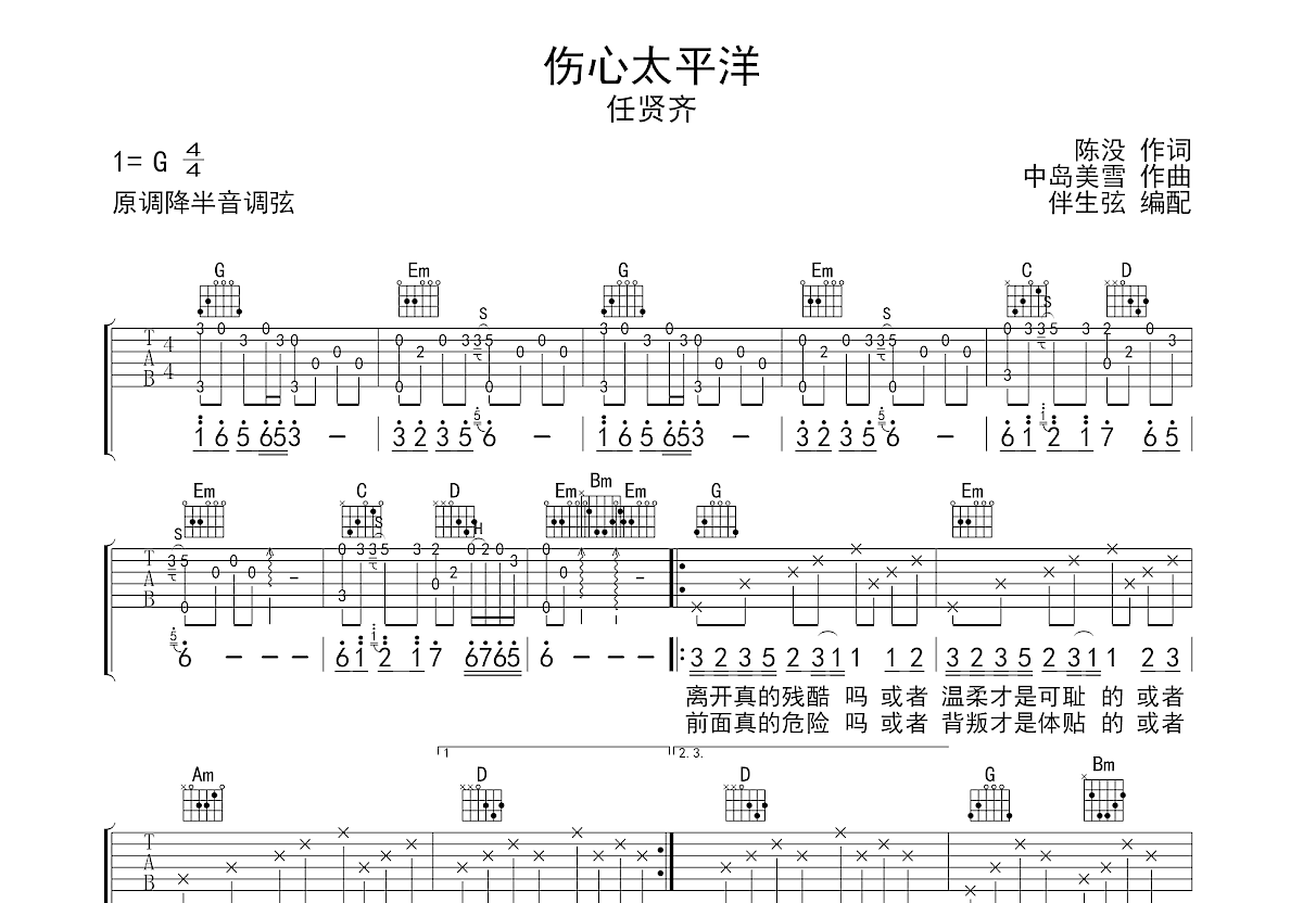 伤心太平洋吉他谱预览图