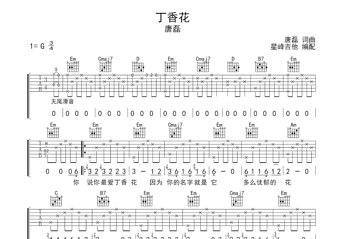 丁香花吉他谱_唐磊_G调弹唱