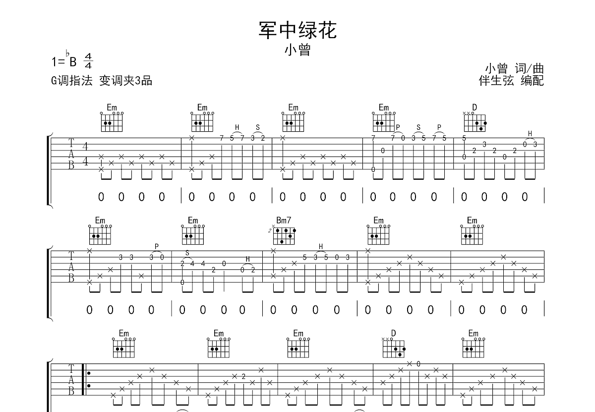 军中绿花吉他谱预览图