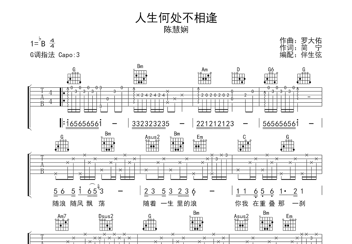 人生何处不相逢吉他谱预览图