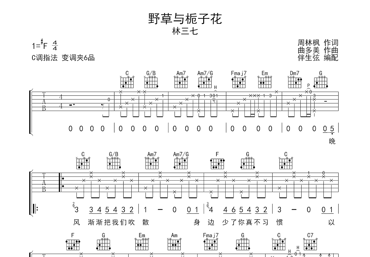 野草与栀子花吉他谱预览图