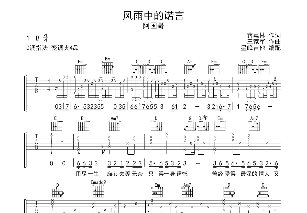 风雨中的诺言吉他谱_阿国哥_G调弹唱