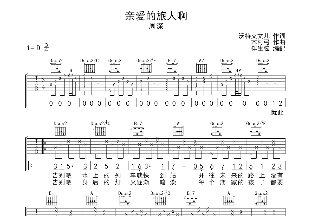 亲爱的旅人啊吉他谱预览图