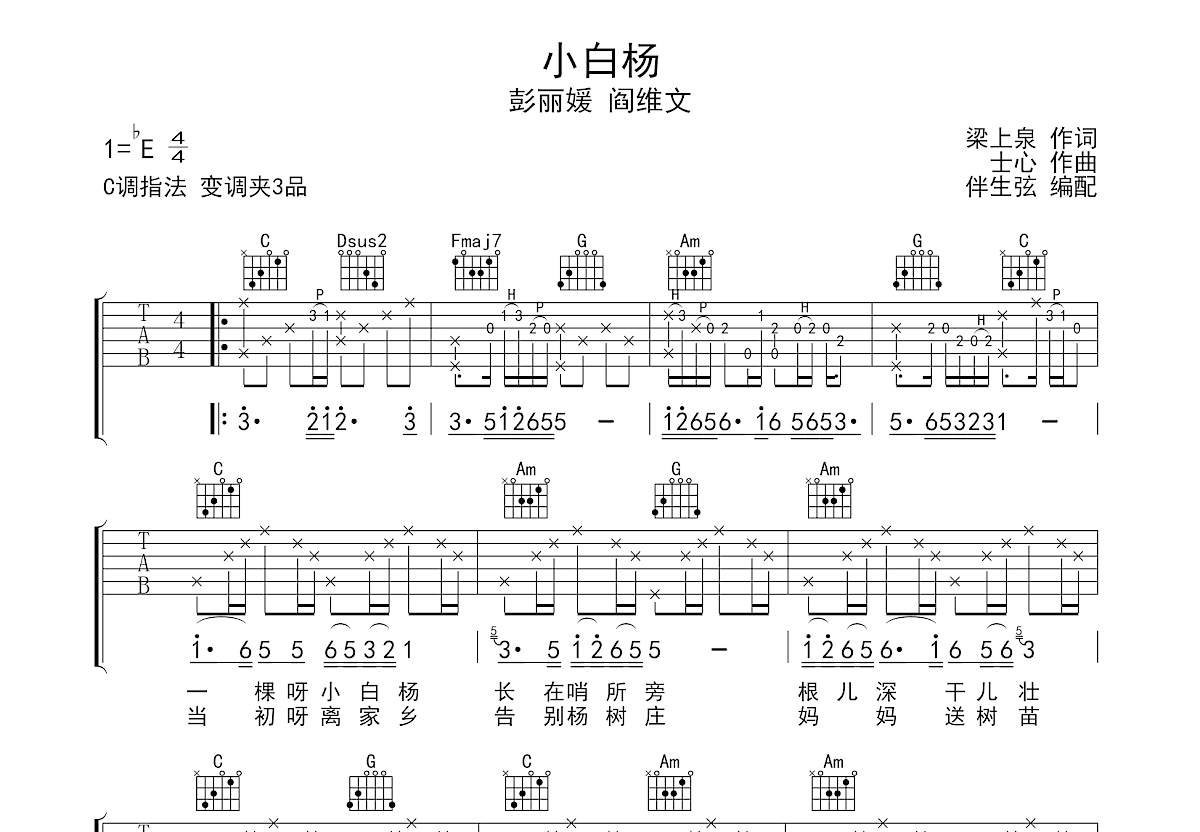 小白杨吉他谱预览图