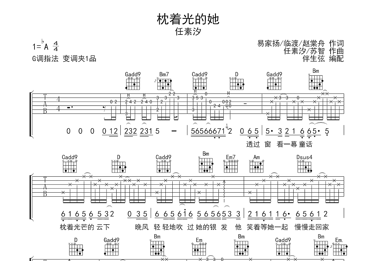 枕着光的她吉他谱预览图