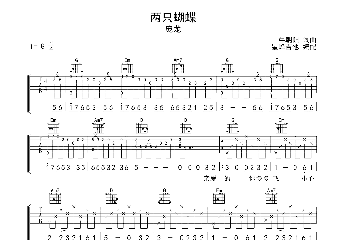 两只蝴蝶吉他谱_庞龙_G调弹唱