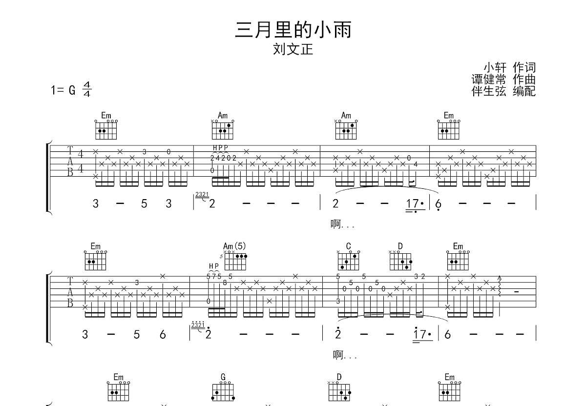 三月里的小雨吉他谱预览图