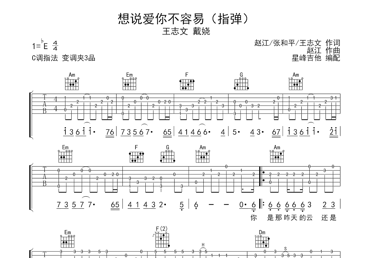 想说爱你不容易吉他谱预览图