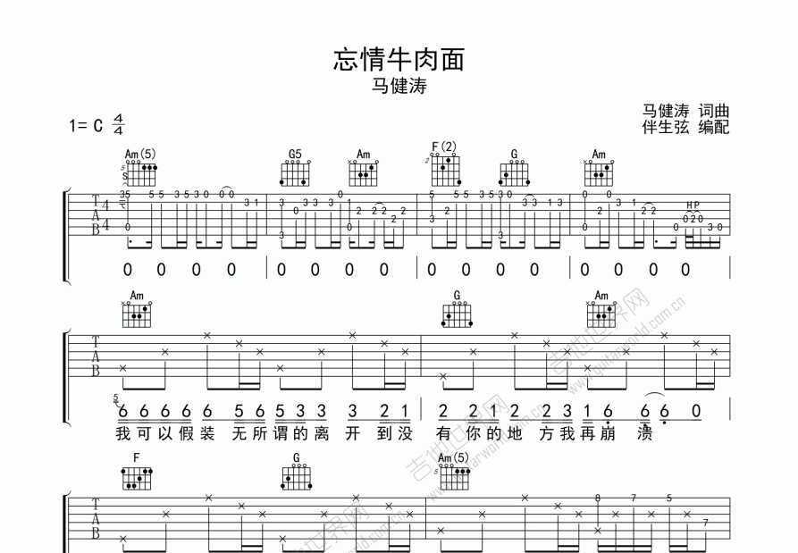 忘情牛肉面吉他谱预览图