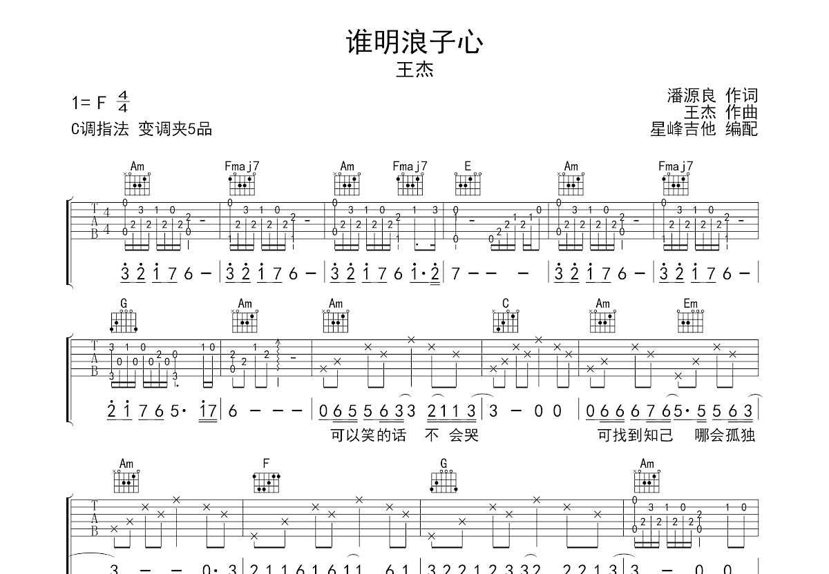 谁明浪子心吉他谱预览图
