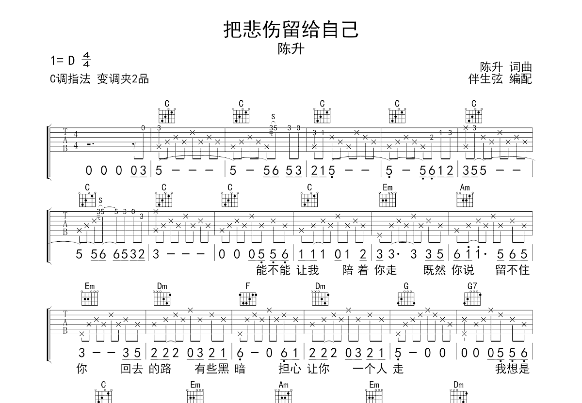 把悲伤留给自己吉他谱预览图