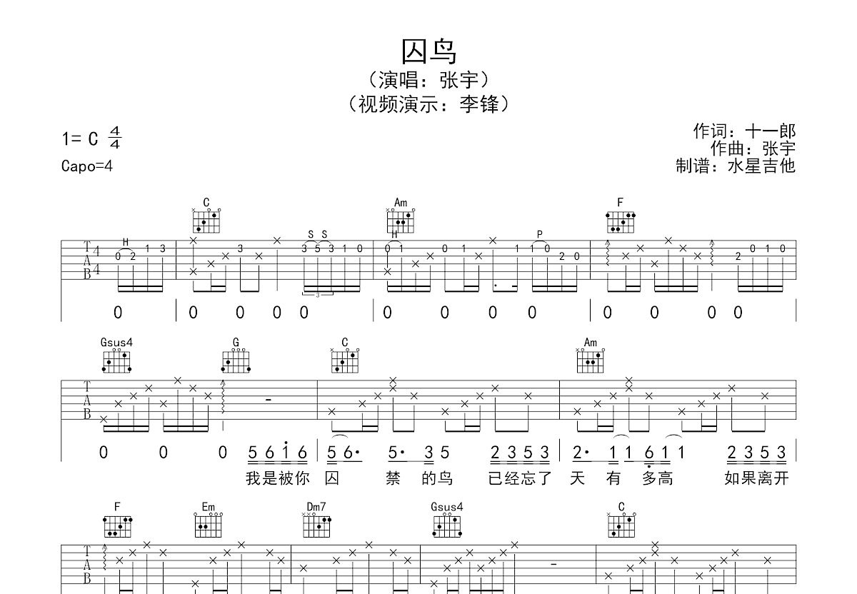 囚鸟吉他谱预览图