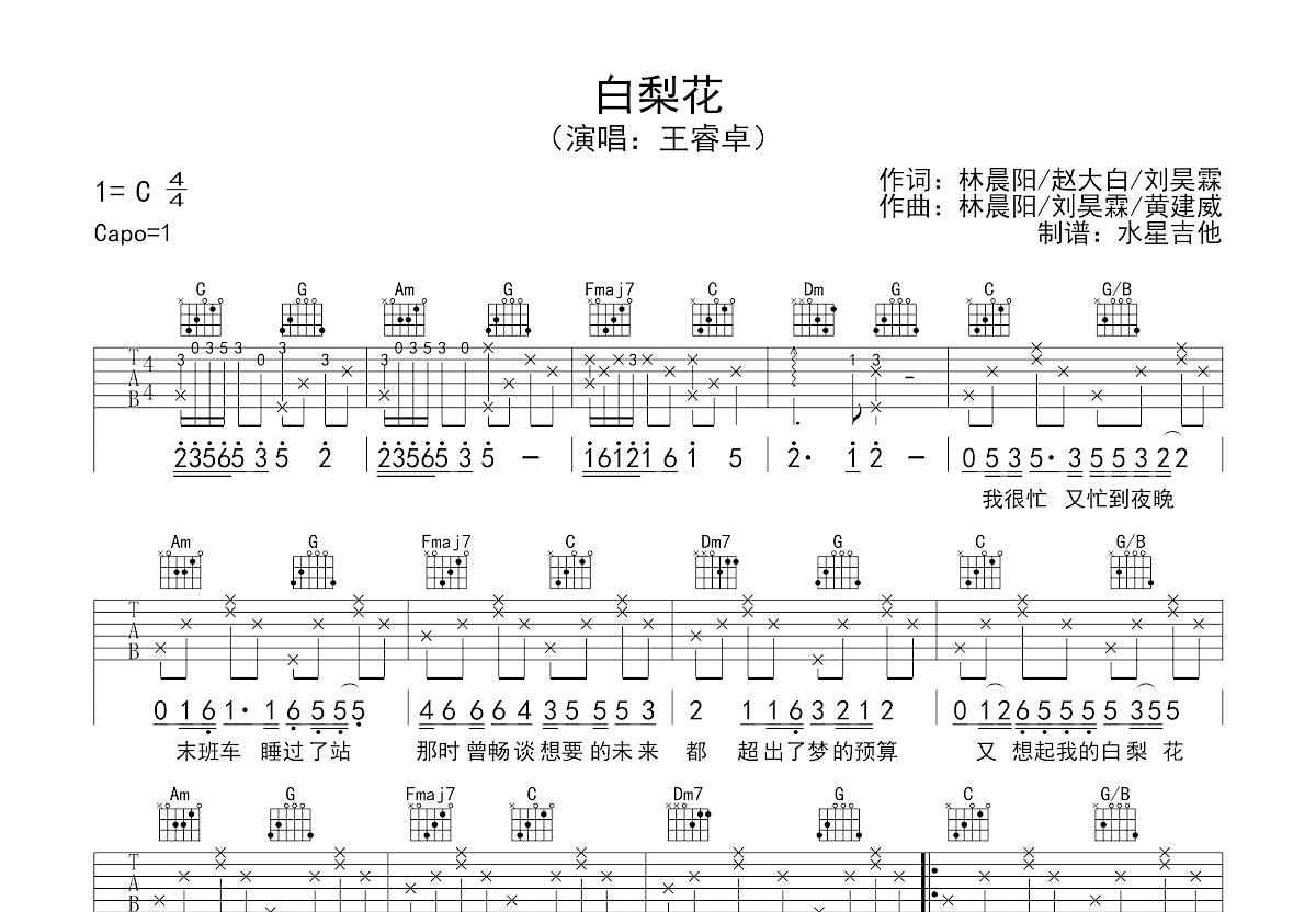 白梨花吉他谱_王睿卓_C调弹唱