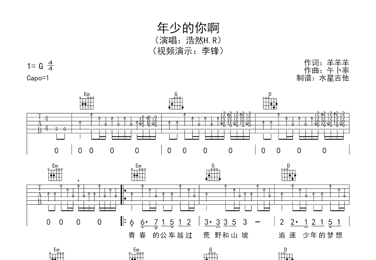 年少的你啊吉他谱预览图