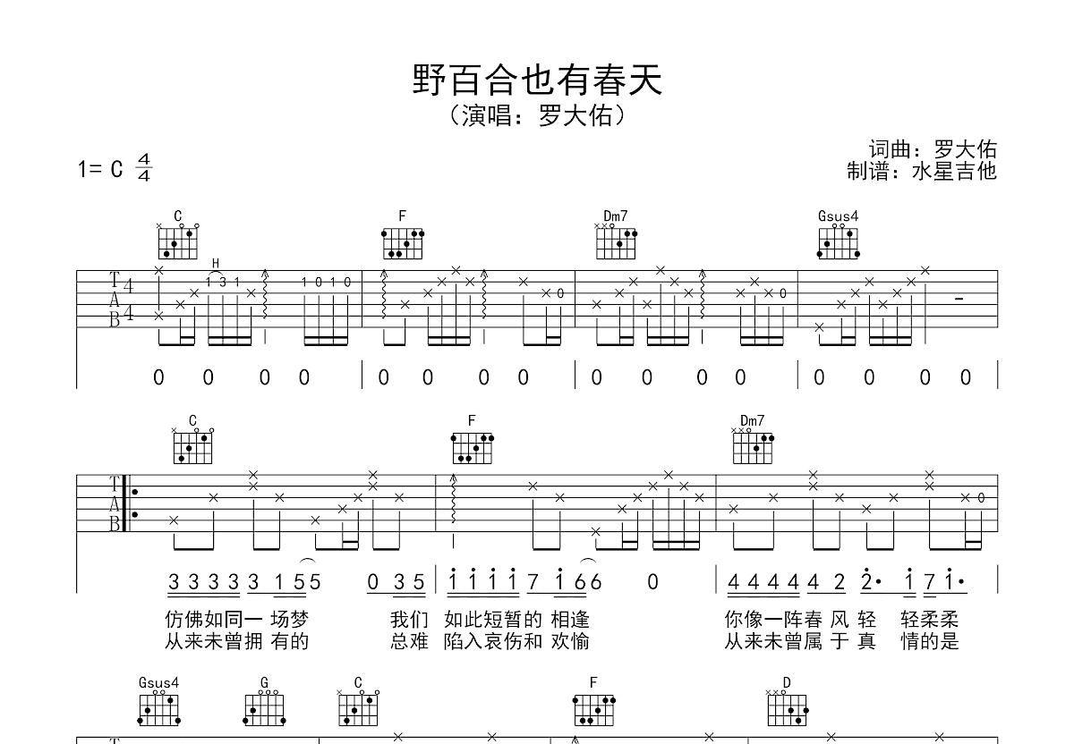 野百合也有春天吉他谱预览图