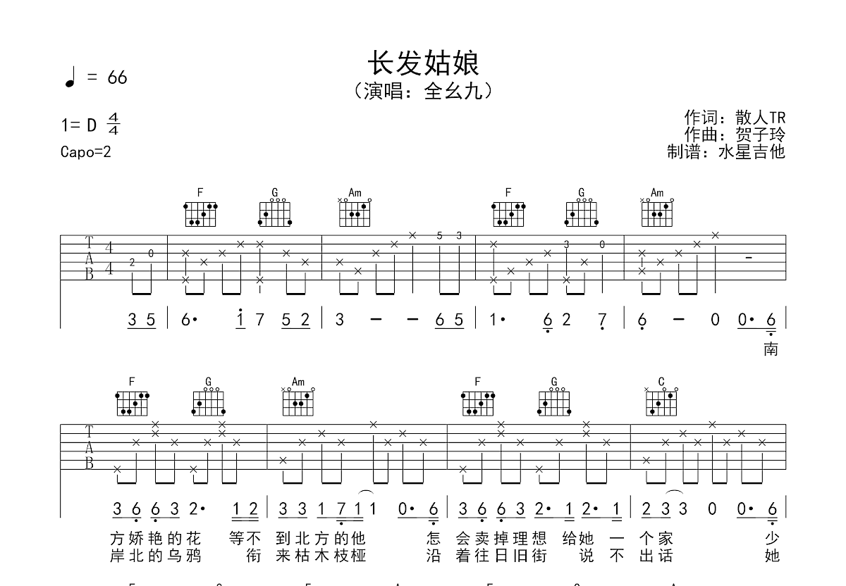 长发姑娘吉他谱预览图