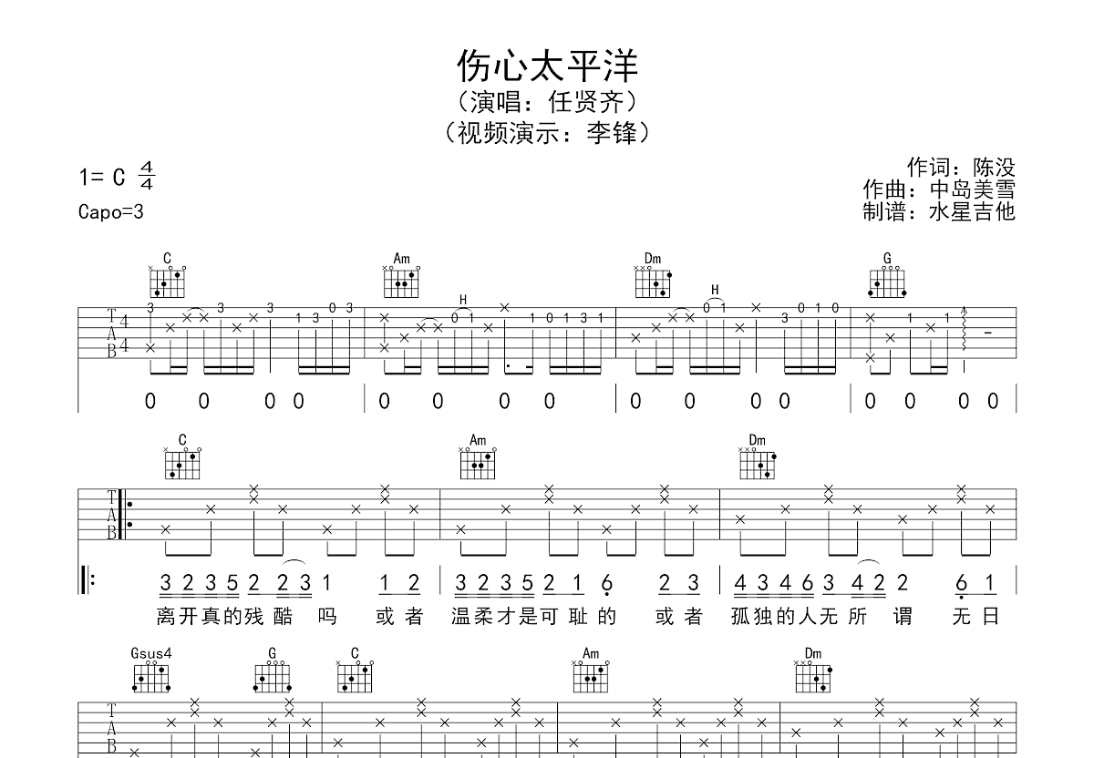 伤心太平洋吉他谱预览图