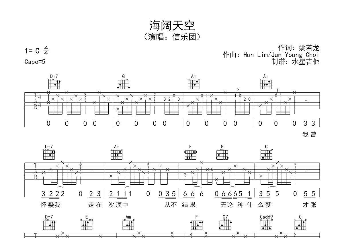 海阔天空吉他谱预览图